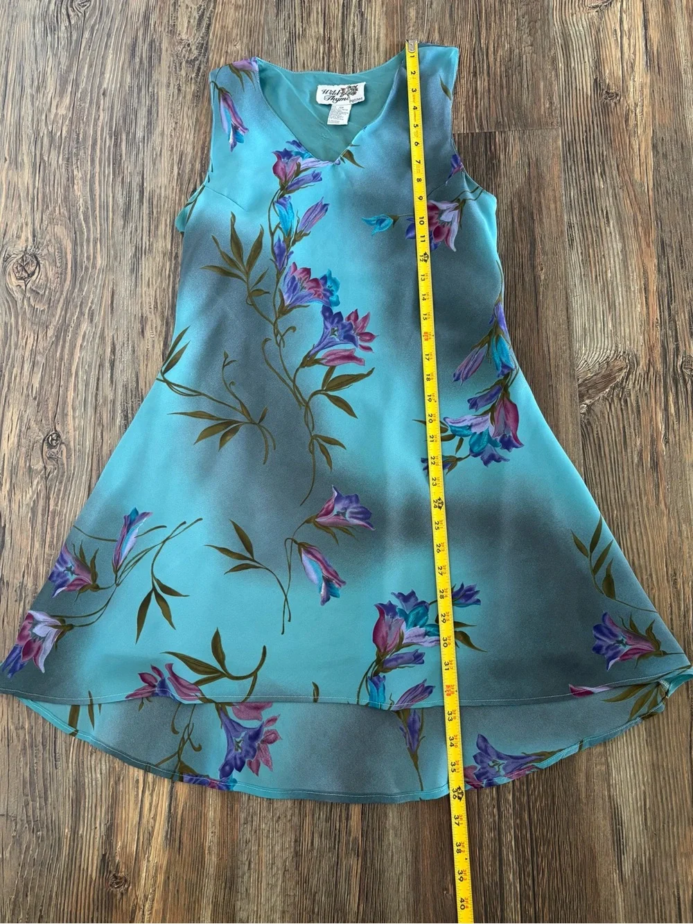 Vtg Wild Thyme Petites Sleeveless V-Neck Dress 10P Aqua Blue Floral Watercolor